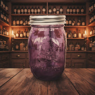 Purple mason jar with a straw lid on a magazine-covered surface with a patterned wall in the background.