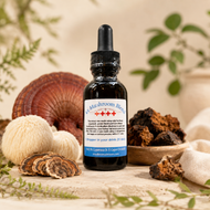 A small amber glass dropper bottle labeled 'The Mushroom Blend' stands centered on a rustic wooden surface, surrounded by mushrooms, herbs, and natural props in a warm styled setting.