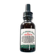 Load image into Gallery viewer, A bottle of 8X Mushroom Blend Tincture Drops with a dropper, labeled with ingredients such as Turkey tail, Reishi, Chage, Lions Mane, Miatake, Oyster, and Cordyceps mushrooms.