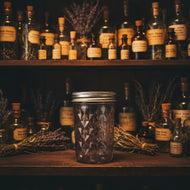 Purple textured glass jar with silver lid on a colorful tablecloth