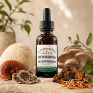 A bottle of St. Mushroom Blend dietary supplement with a black dropper cap, set on a stone surface surrounded by various mushrooms, herbs, and a white lion's mane root.