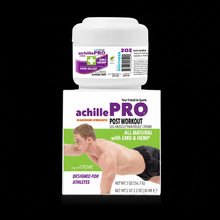 Load image into Gallery viewer, A product image featuring a container of achillePRO Post Workout supplement with its packaging designed for athletes, indicating it is a natural recovery aid with Emu and Hemp.