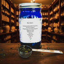 Load image into Gallery viewer, Bee Balm jar with a spoonful of dried herbs on a patterned background