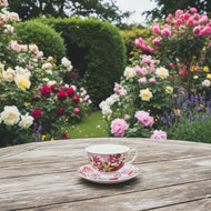 Floral teacup and saucer on a surface with a patterned background