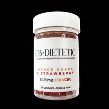 Load image into Gallery viewer, Jar of CB-Dietetic mango guava and strawberry gummies on a white background