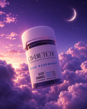 Load image into Gallery viewer, A bottle of CB-Dietetic Blue Raspberry sleep gummies floating against a dreamy purple sky with clouds and a crescent moon. The label clearly shows the brand name 'CB-Dietetic' and product details.
