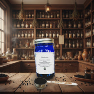 Blue jar labeled 'Elderberries' with a spoon and elderberries on a patterned background