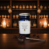 Jar of hibiscus flowers with a label on a textured surface