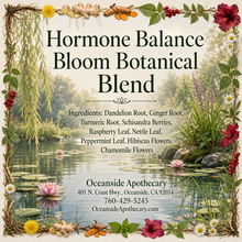 Load image into Gallery viewer, Advertisement for Hormone Balance Bloom Botanical Blend with natural elements and contact information.