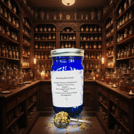 Blue jar of marshmallow root with a label on a patterned background