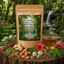 Load image into Gallery viewer, MetaboBloom Botanical Blend for Weight Loss packaging with a cup of tea and natural ingredients on a wooden surface with a forest background.