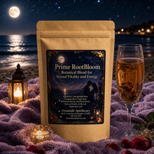 Load image into Gallery viewer, Prime RootBloom botanical blend packaging with a glass of champagne on a romantic night setting.