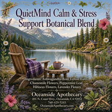 Load image into Gallery viewer, Ad for 'Quiet Mind Calm &amp; Stress Support Botanical Blend' with a scenic lake and chair, featuring natural elements and branding details.