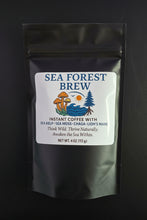 Load image into Gallery viewer, A 4 oz bag of Sea Forest Brew Instant Coffee with Sea Kelp, Sea Moss-Chaga Lion's Mane, and Pine Tree flavors, shown on a dark surface.