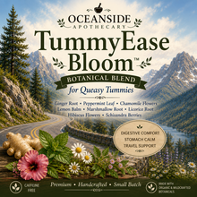 Load image into Gallery viewer, Oceanside Apothecary TummyEase Bloom Botanical Blend packaging design, featuring a scenic mountain road and lake background with ginger root, flowers, and botanical illustrations. Text highlights digestive support and travel support benefits.