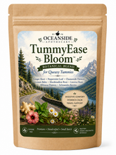 Load image into Gallery viewer, Oceanside Apothecary TummyEase Bloom Botanical Blend in a brown kraft stand-up pouch with a scenic label showing mountains, a winding road, flowers, and ginger roots.
